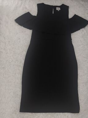 Beige by eci Black Cold-Shoulder Ruffle Midi Dress